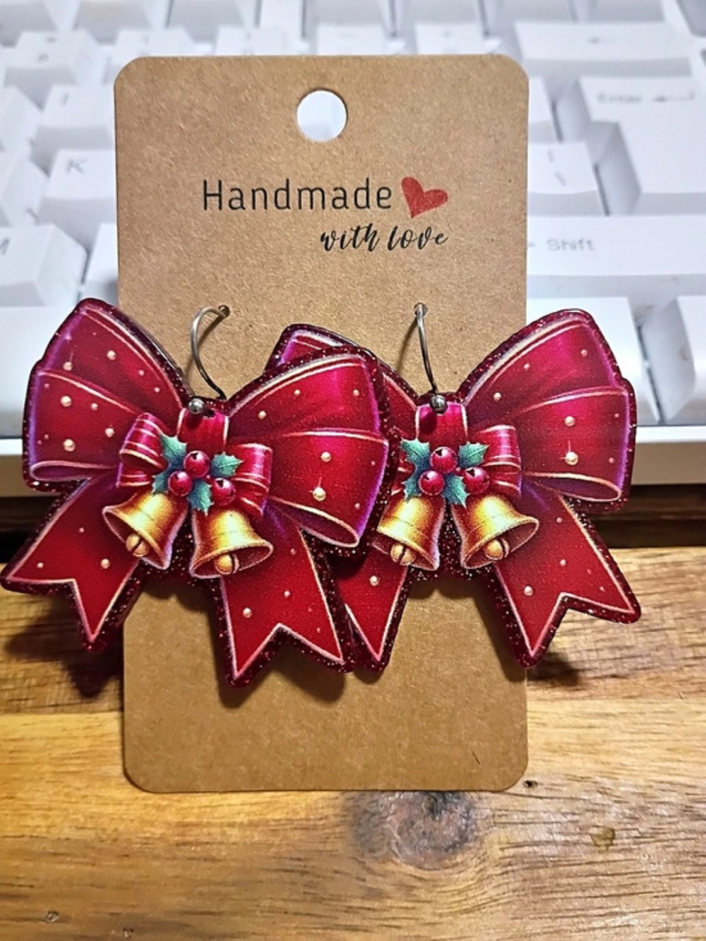 Handmade Red Glitter & Gold Christmas Holiday Bell Bow Fashion Earrings